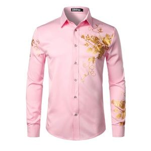 Zeroyaa Mens Floral Slim Fit Long Sleeve Button Down - Pink & Gold - Size L